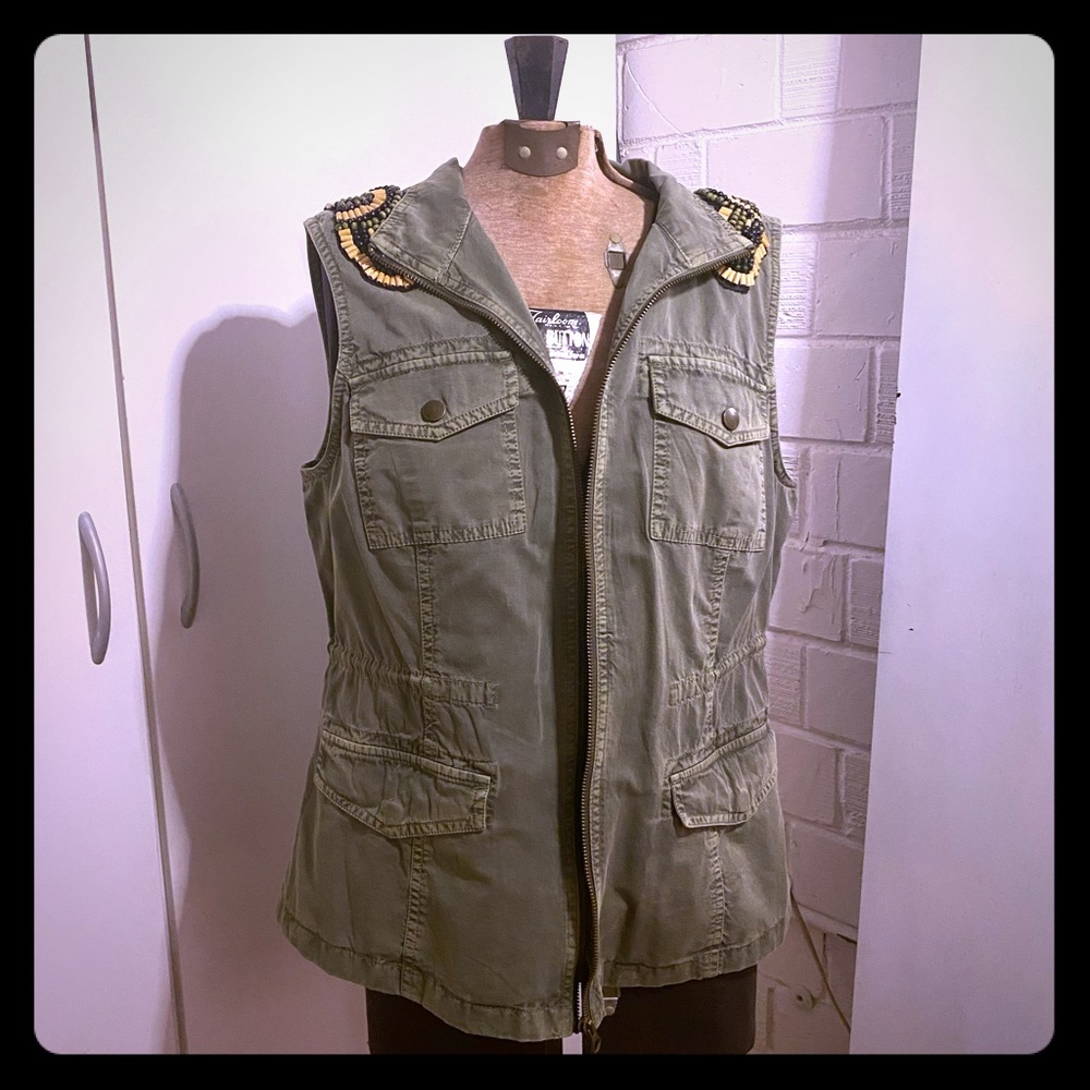 Army green denim sleeveless jacket